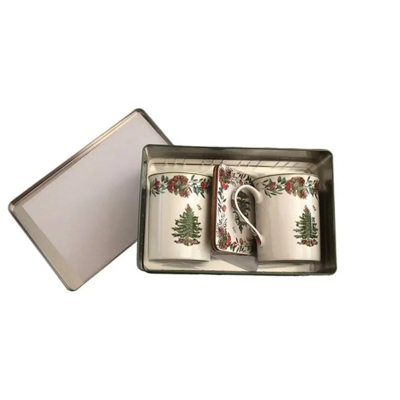 SPODE "Christmas Tree" 5 piece Tin Set 2 Mugs/Cups 12oz 2 Coasters Holiday Xmas - Picture 2 of 5